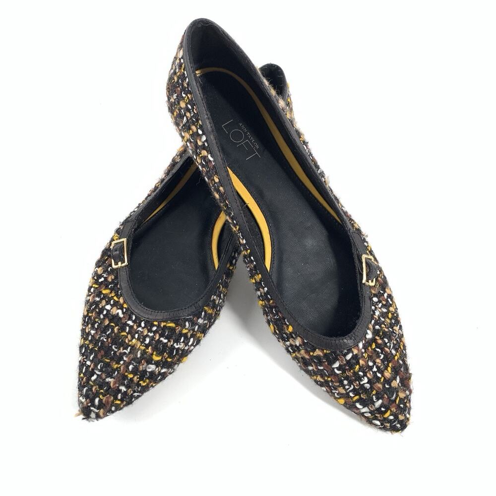 LOFT Ann Taylor Tweed Pointed Toe Slip On Ballet Flats 7.5 Womens Black Yellow